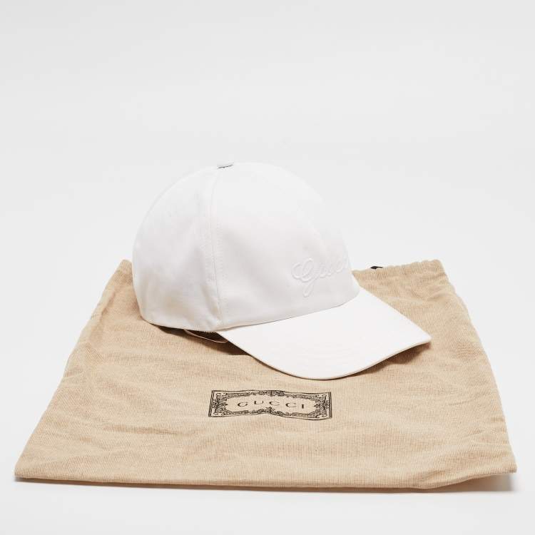 Pre Owned Gucci White Logo Embroidered Cotton Baseball Cap 