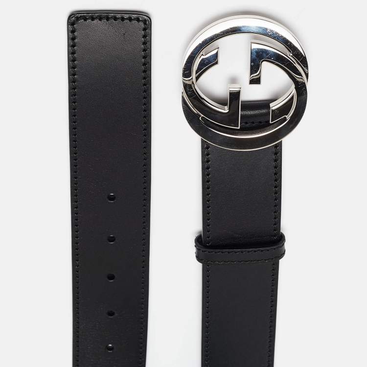 Pre Owned Gucci Black Leather Interlocking G Buckle Belt 90CM