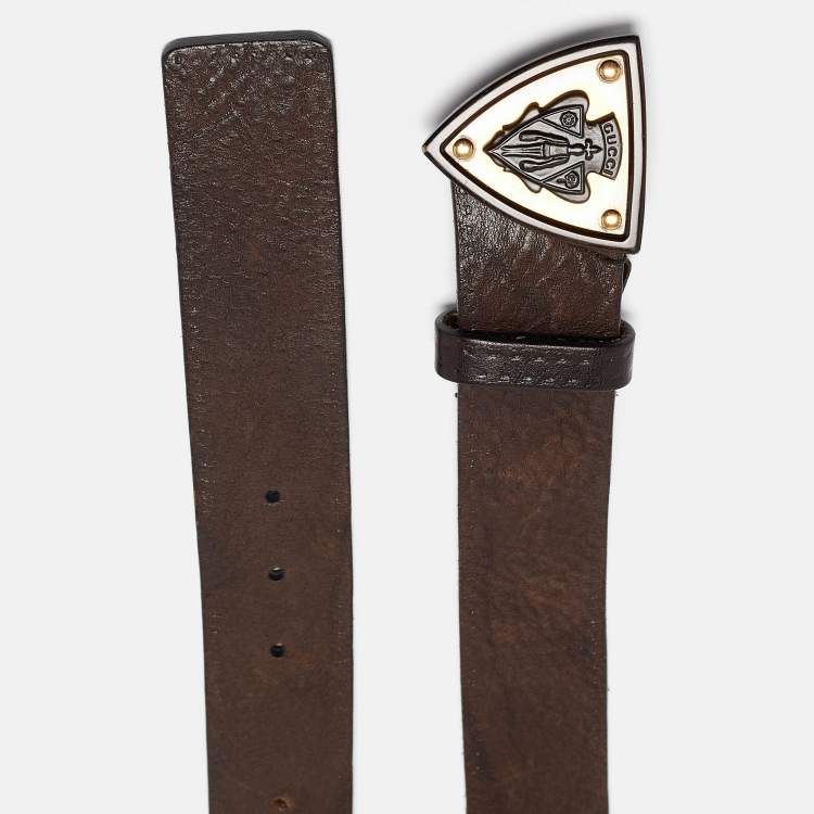 Pre Owned Gucci Dark Brown Leather Hysteria Crest Buckle Belt 105 CM