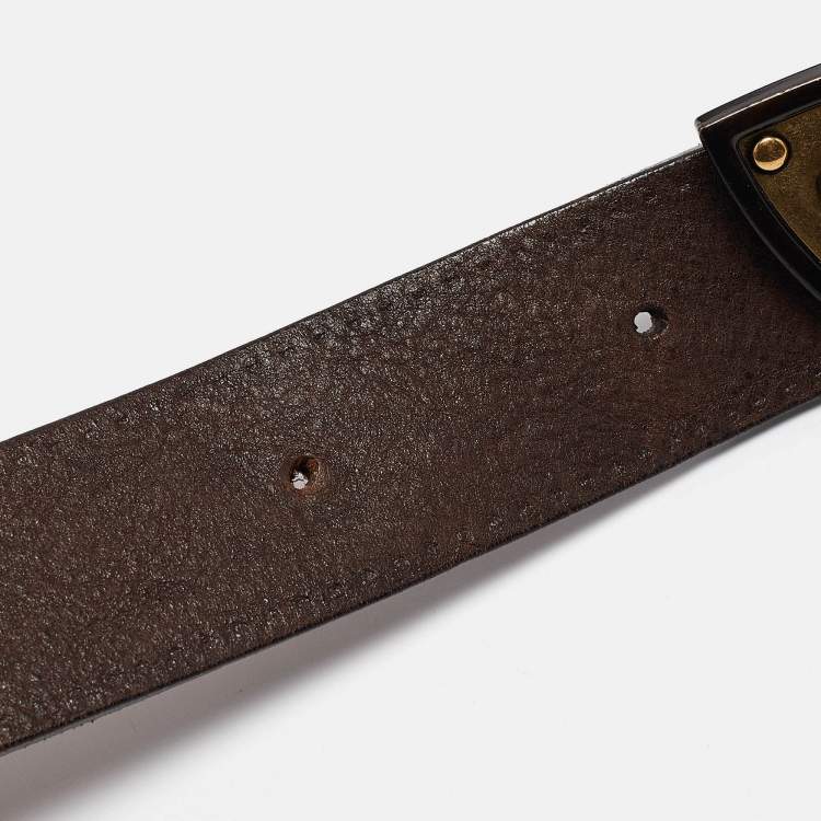 Pre Owned Gucci Dark Brown Leather Hysteria Crest Buckle Belt 105 CM