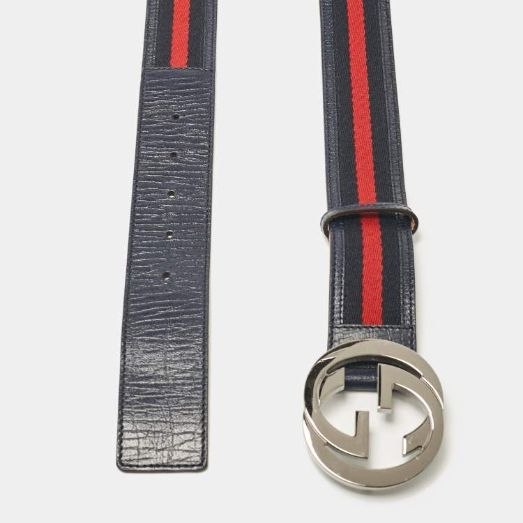 Gucci Navy Blue Leather and Web Canvas Interlocking G Buckle Belt 100 CM Gucci TLC