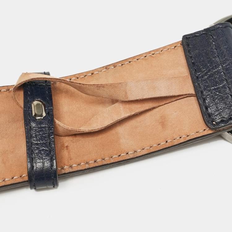 Pre Owned Gucci Navy Blue Leather and Web Canvas Interlocking G Buckle Belt 100 CM