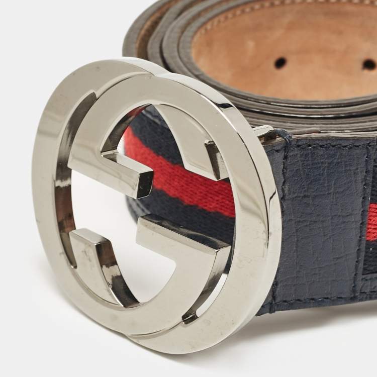 Pre Owned Gucci Navy Blue Leather and Web Canvas Interlocking G Buckle Belt 100 CM