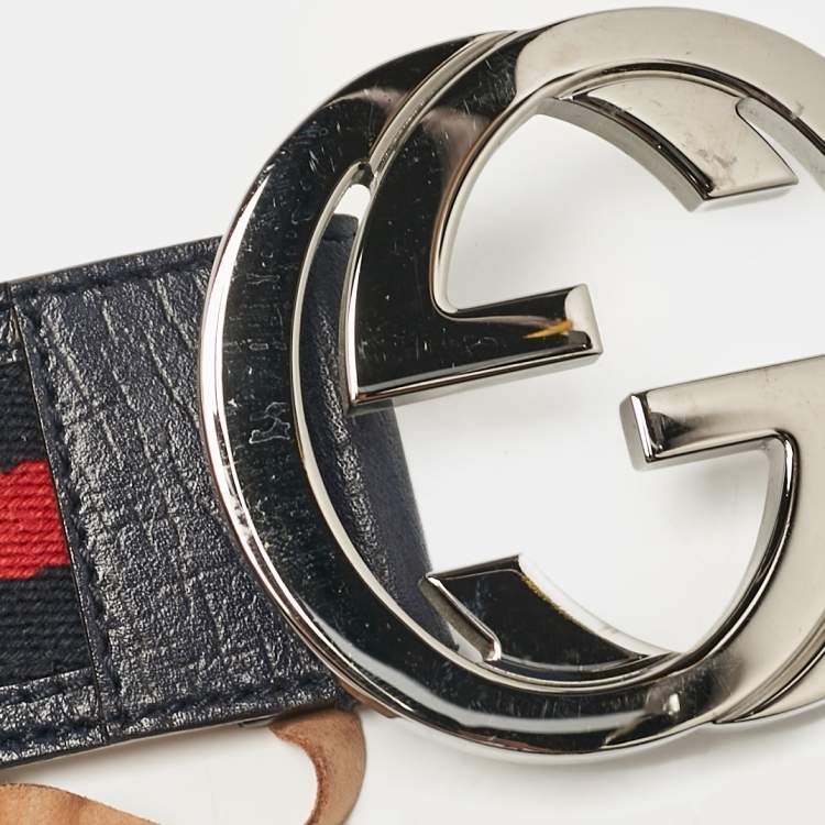 Pre Owned Gucci Navy Blue Leather and Web Canvas Interlocking G Buckle Belt 100 CM