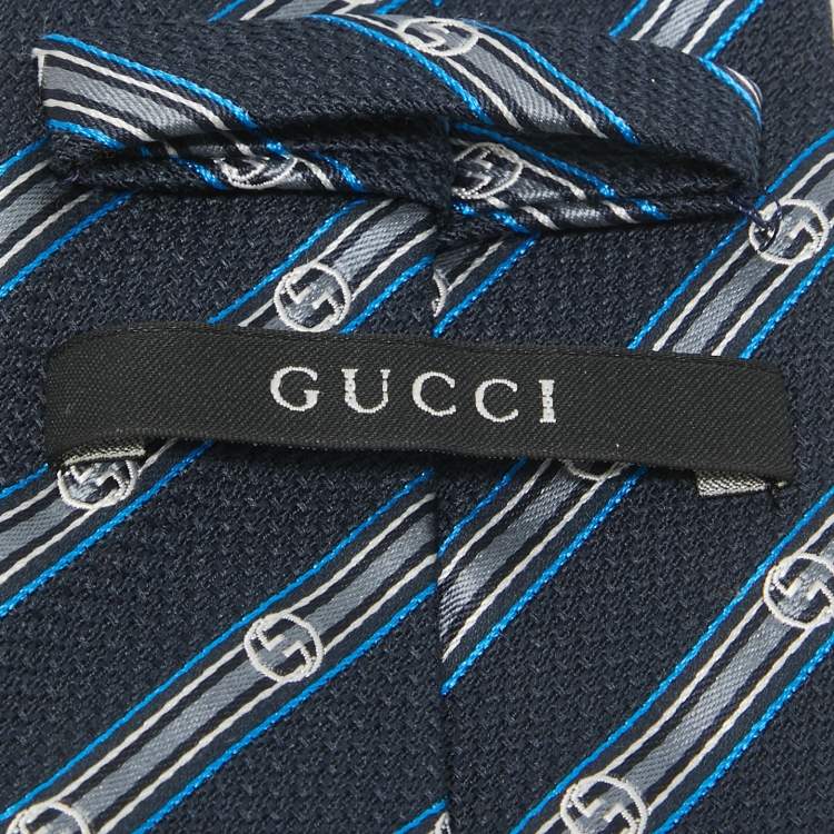 Pre Owned Gucci Navy Blue Striped Silk Blend Tie