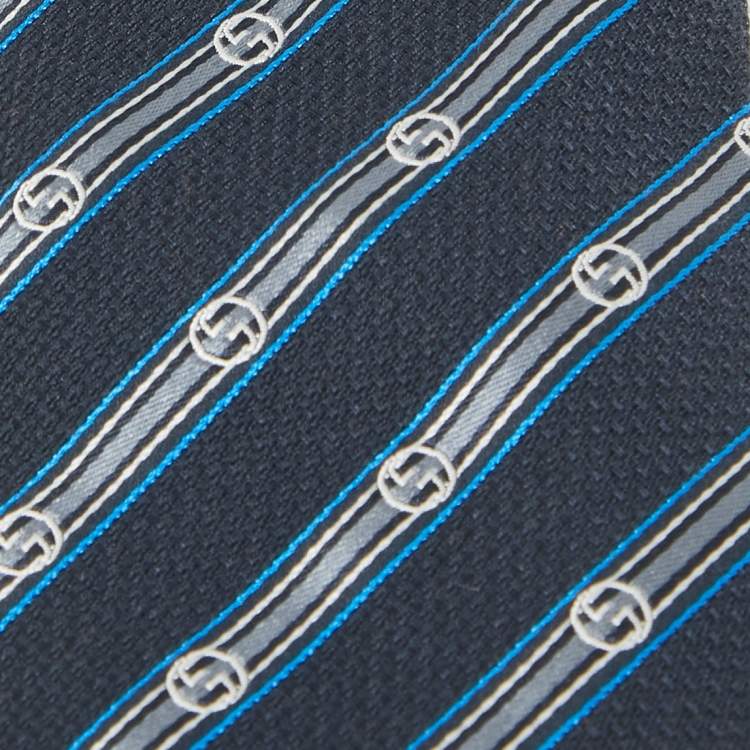 Pre Owned Gucci Navy Blue Striped Silk Blend Tie
