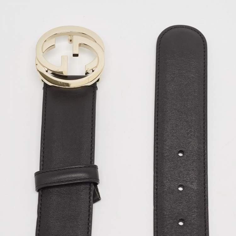 مملوكة مسبقًا Gucci Black Leather Interlocking G Buckle Belt 90 CM