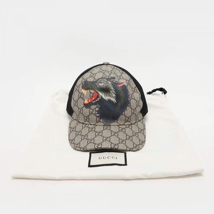 Pre Owned Gucci Beige/Black GG Supreme Canvas and Mesh Wolf Baseball Cap S