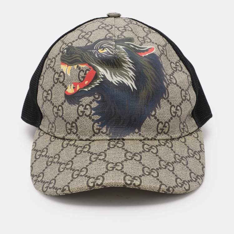 Pre Owned Gucci Beige/Black GG Supreme Canvas and Mesh Wolf Baseball Cap S