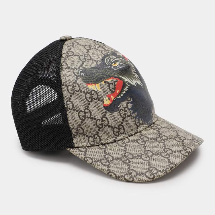 Pre Owned Gucci Beige/Black GG Supreme Canvas and Mesh Wolf Baseball Cap S
