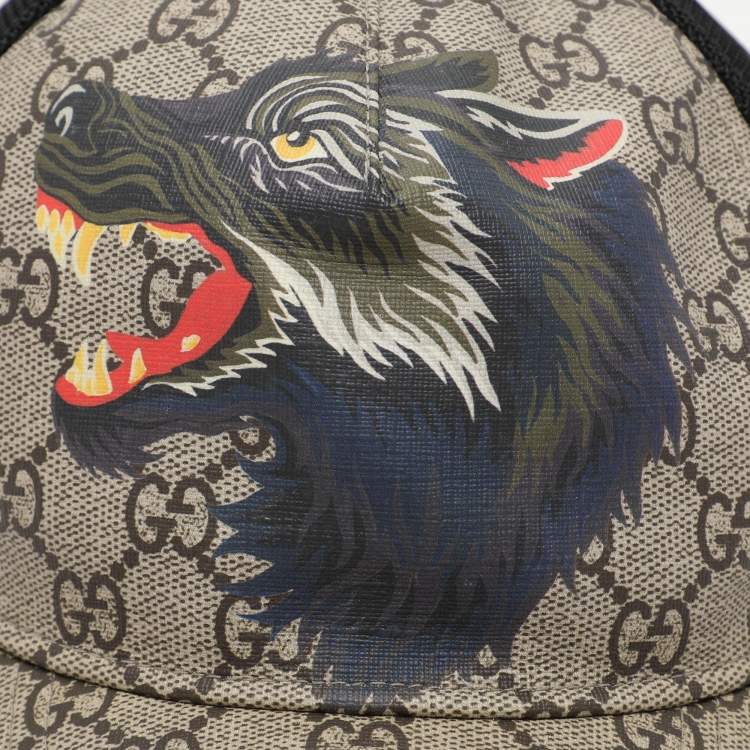 Pre Owned Gucci Beige/Black GG Supreme Canvas and Mesh Wolf Baseball Cap S