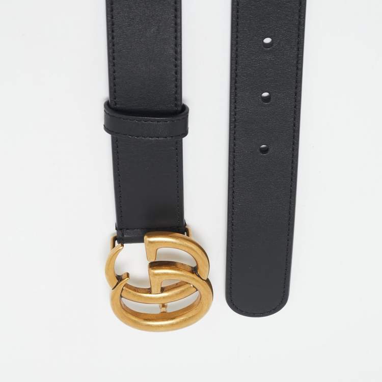 Pre Owned Gucci Black Leather GG Marmont Buckle Slim Belt 75 CM