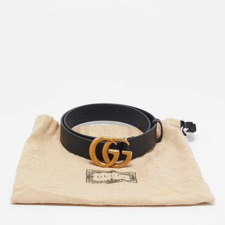 Pre Owned Gucci Black Leather GG Marmont Buckle Slim Belt 75 CM