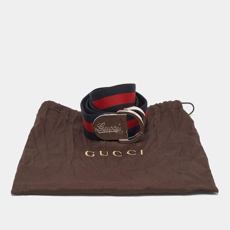 مملوكة مسبقًا Gucci Navy Blue/Red Web Canvas D Ring Buckle Belt 90CM