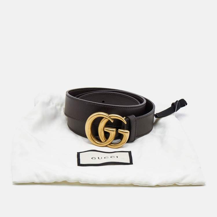 Pre Owned Gucci Dark Brown Leather GG Marmont Buckle Belt 90CM