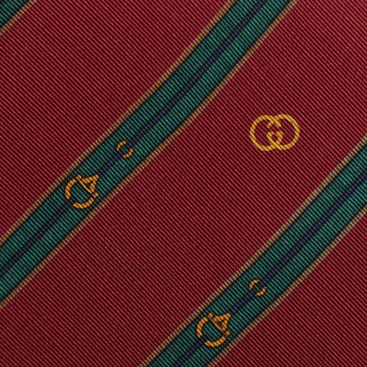 Pre Owned Gucci Burgundy/Green Horsebit G Interlocking Printed Silk Tie