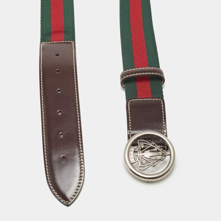 Pre Owned Gucci Brown Web Canvas and Leather Hysteria Round Buckle Belt 85CM