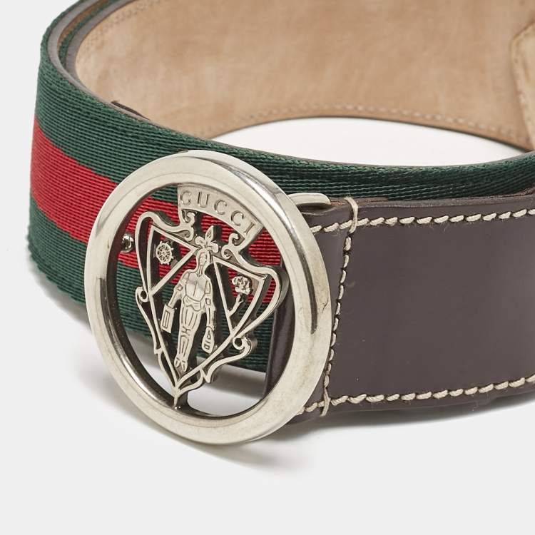Pre Owned Gucci Brown Web Canvas and Leather Hysteria Round Buckle Belt 85CM
