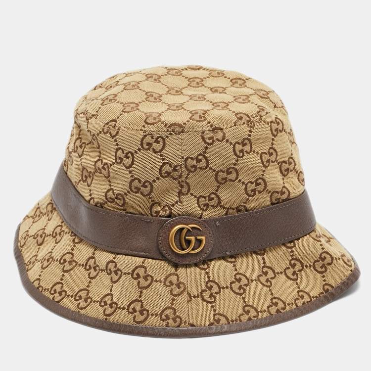 Pre Owned Gucci Brown GG Canvas and Leather Trim Bucket Hat M