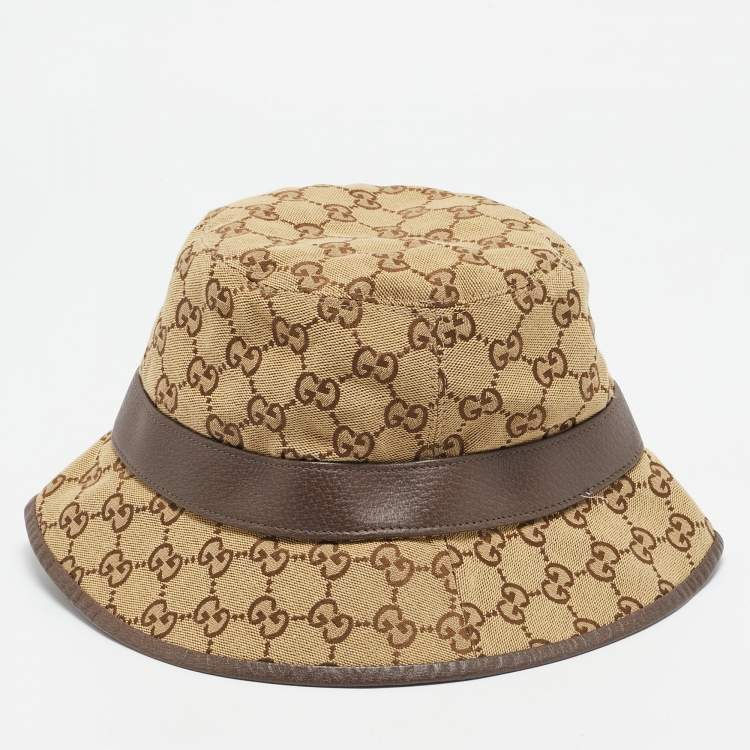 Pre Owned Gucci Brown GG Canvas and Leather Trim Bucket Hat M