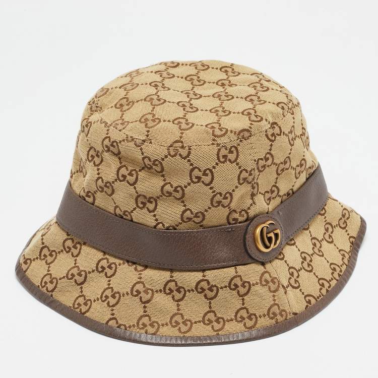 Pre Owned Gucci Brown GG Canvas and Leather Trim Bucket Hat M