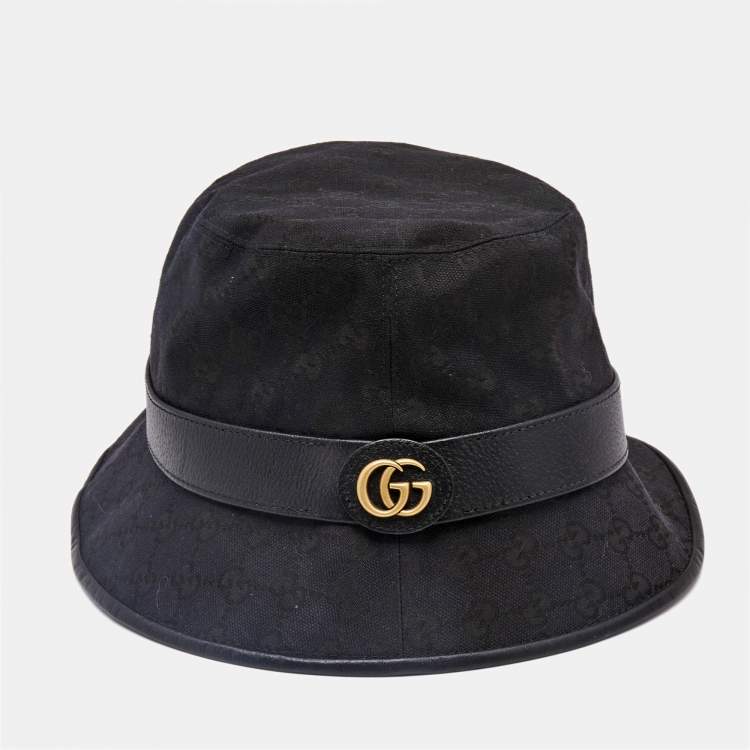 Pre Owned Gucci Black Logo Canvas & Leather Detail Bucket Hat L (59 cm)