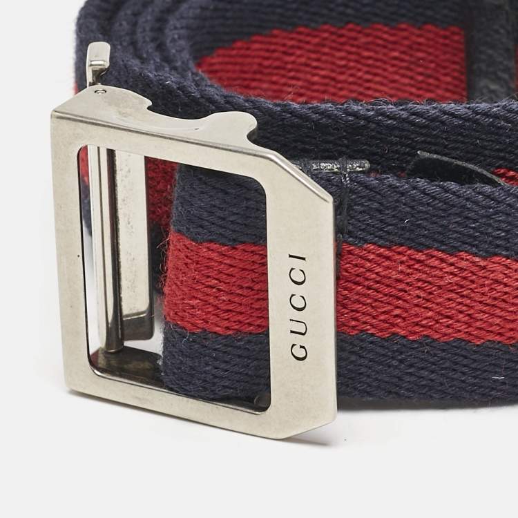 Pre Owned Gucci Navy Blue/Red Web Detail Canvas Belt 80 CM