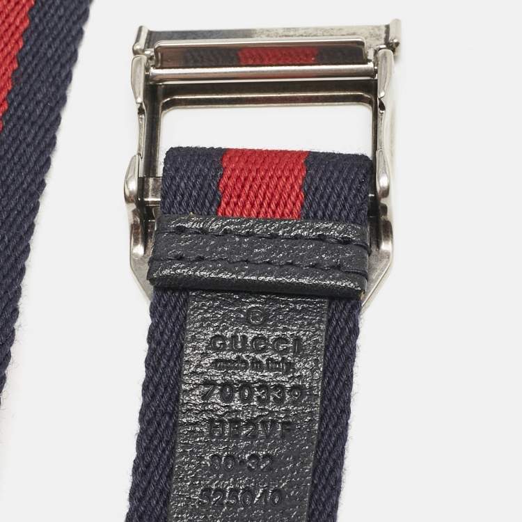 Pre Owned Gucci Navy Blue/Red Web Detail Canvas Belt 80 CM