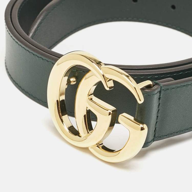 Pre Owned Gucci Dark Green Leather GG Marmont Buckle Belt 95 CM