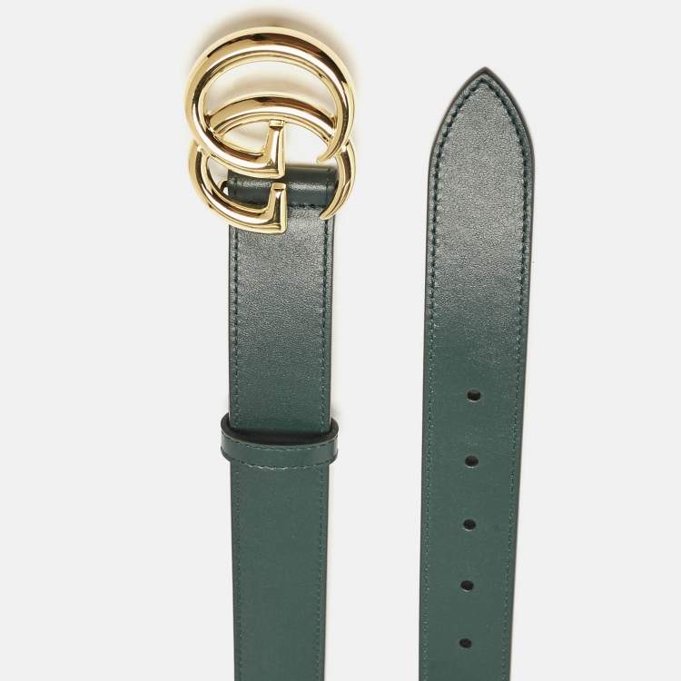 Pre Owned Gucci Dark Green Leather GG Marmont Buckle Belt 95 CM