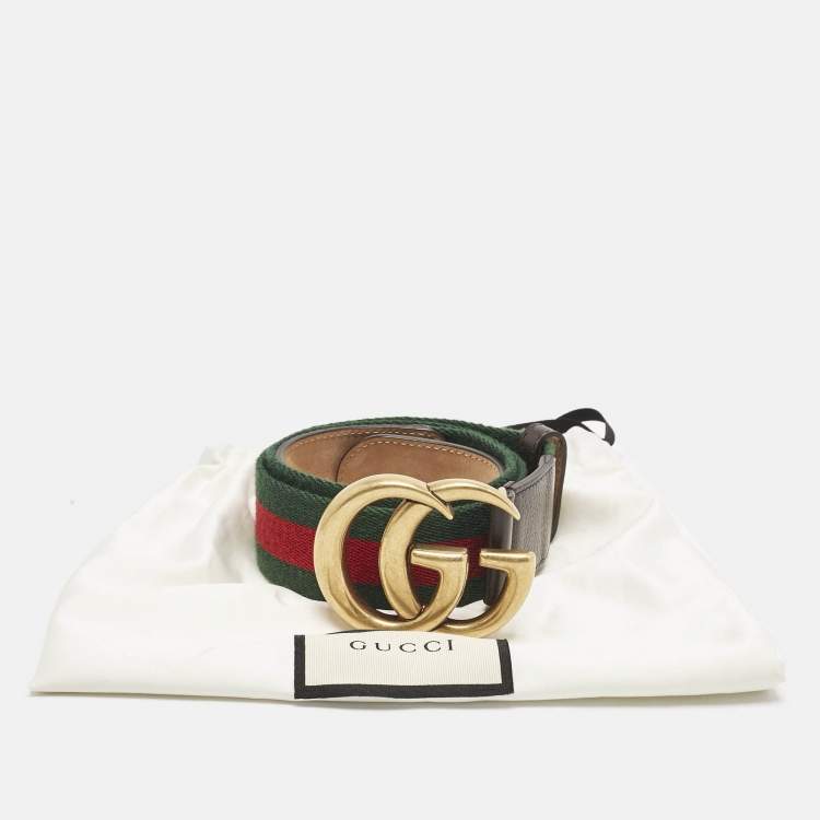 Pre Owned Gucci Brown Leather and Web Canvas GG Marmont Buckle Belt 85 CM