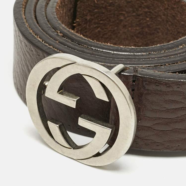 Pre Owned Gucci Brown Leather Interlocking G Buckle Belt 115 CM
