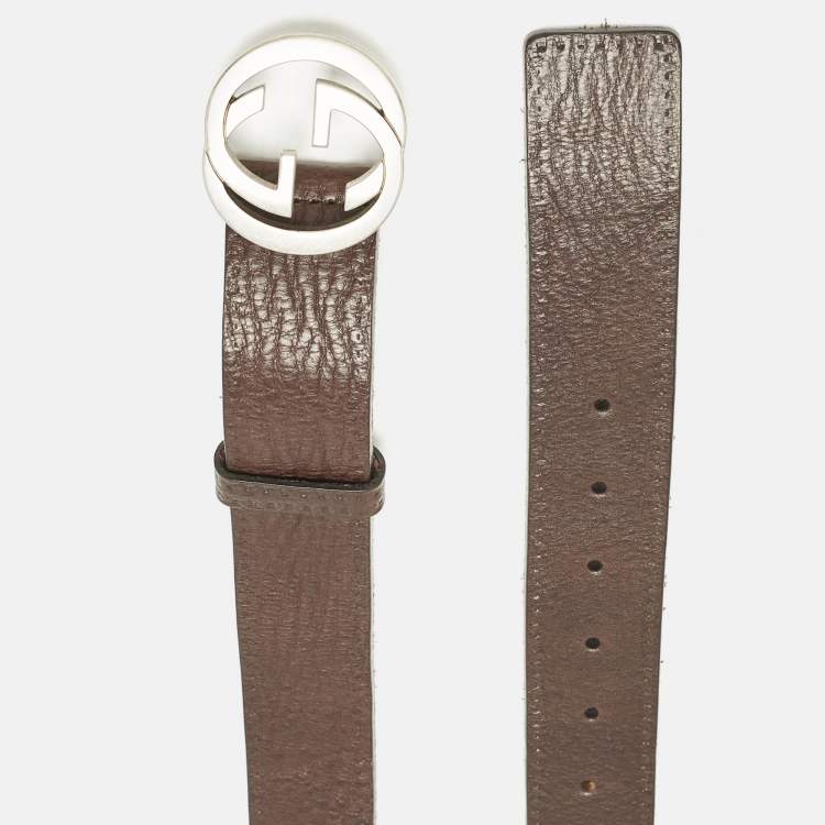 Pre Owned Gucci Brown Leather Interlocking G Buckle Belt 115 CM