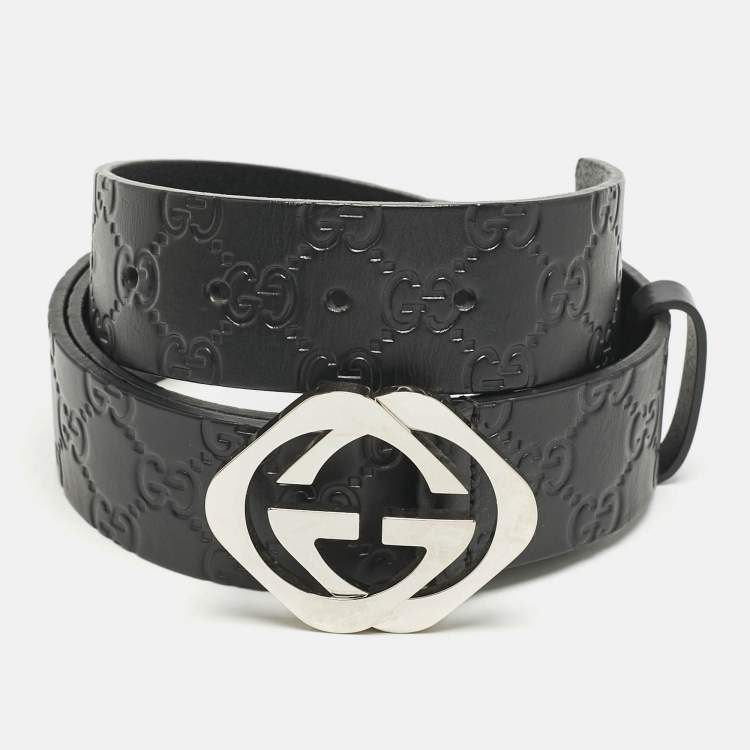 Pre Owned Gucci Black Guccissima Leather Square G Buckle Belt 110 CM