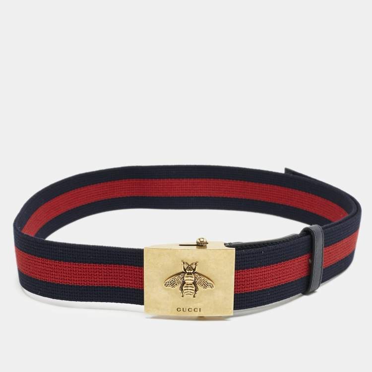 مملوكة مسبقًا Gucci Red/Blue Web Canvas and Leather Bee Plague Buckle Belt 90CM