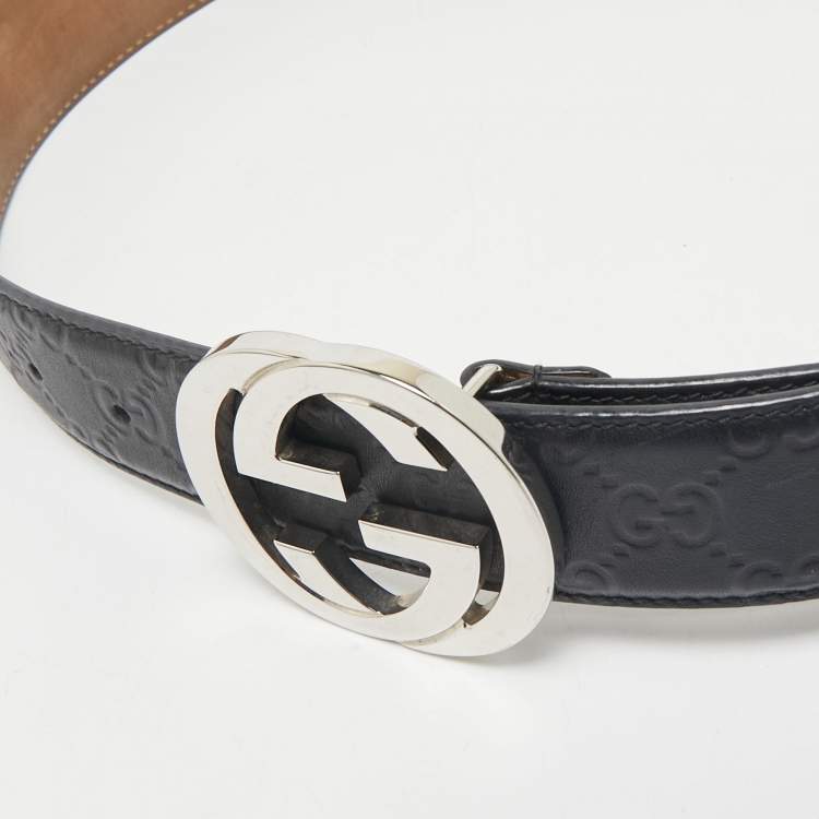 Pre Owned Gucci Black Guccissima Leather Interlocking G Buckle Belt 90 CM
