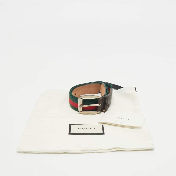 Pre Owned Gucci Brown Leather and Elastic Web Buckle Belt 90CM