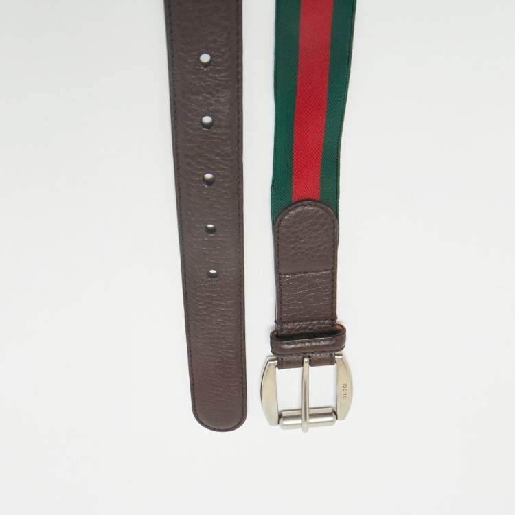 Pre Owned Gucci Brown Leather and Elastic Web Buckle Belt 90CM