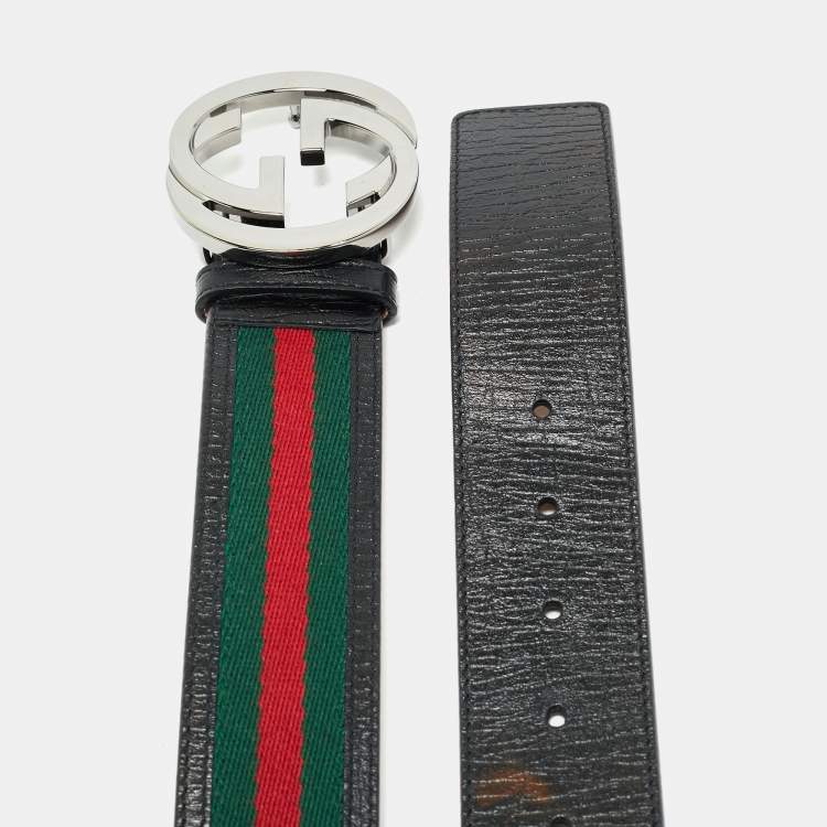 Pre Owned Gucci Black Leather and Web Canvas Interlocking G Buckle Belt 95 CM