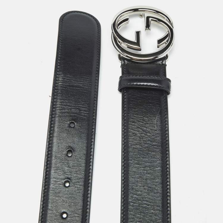 Pre Owned Gucci Black Leather Interlocking G Buckle Belt 90 CM