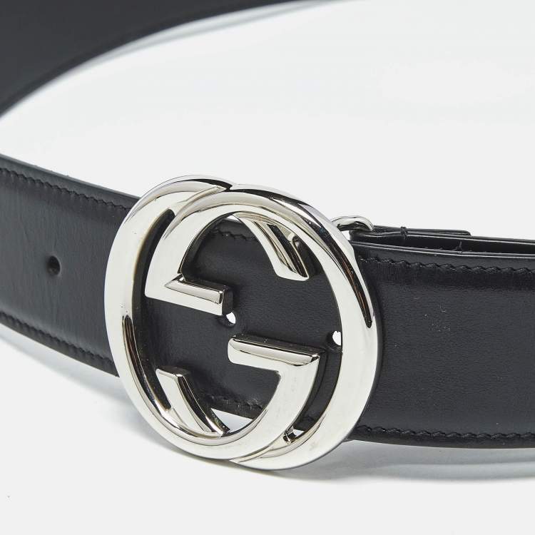 Pre Owned Gucci Black Leather Interlocking G Buckle Belt 90 CM
