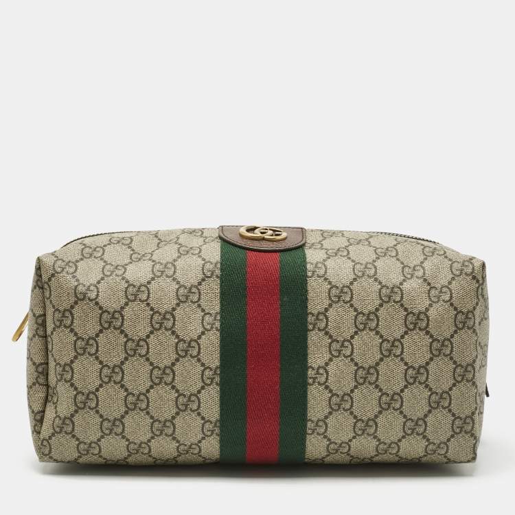 Pre Owned Gucci Beige/Brown GG Supreme Canvas and Leather Medium Savoy Toiletry Case