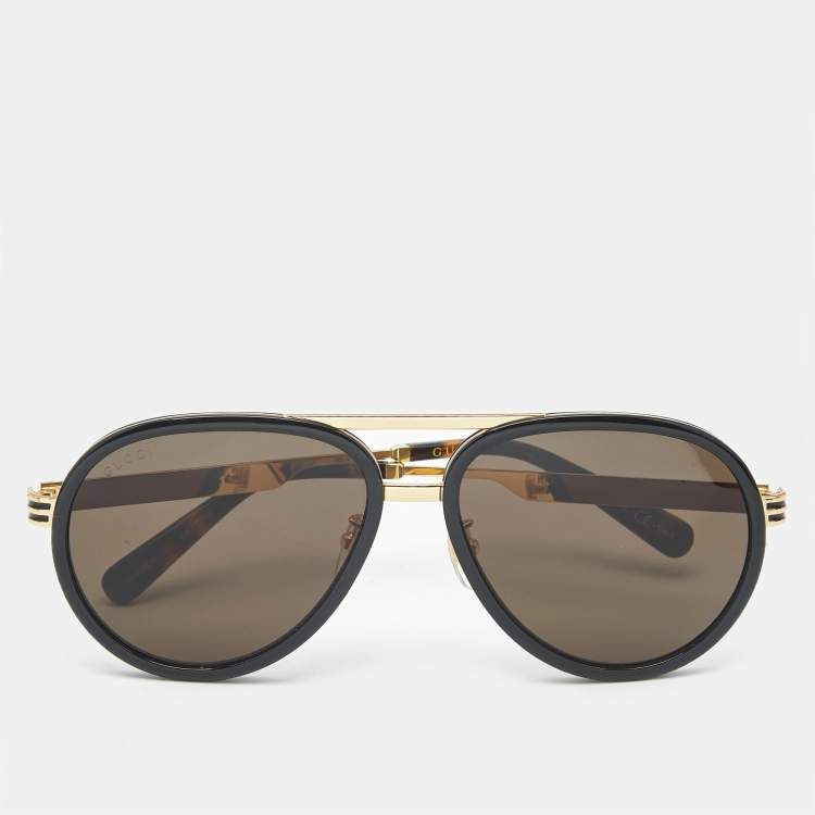 Pre Owned Gucci Black/Gold GG0982S Aviator Sunglasses