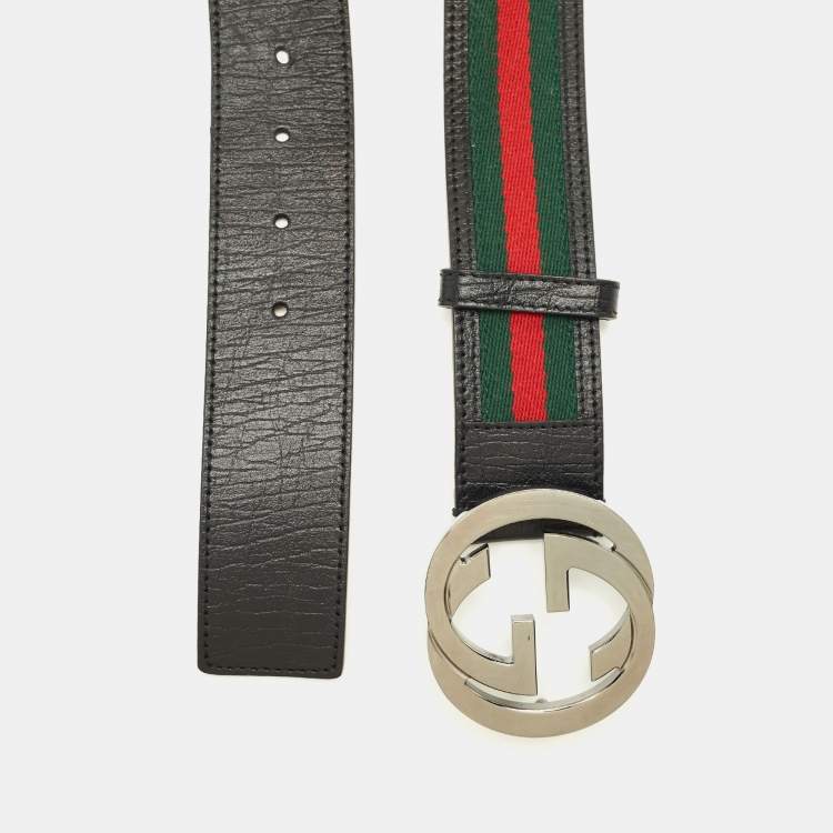 مملوكة مسبقًا Gucci Black Leather and Web Canvas Interlocking G Buckle Belt 105 CM