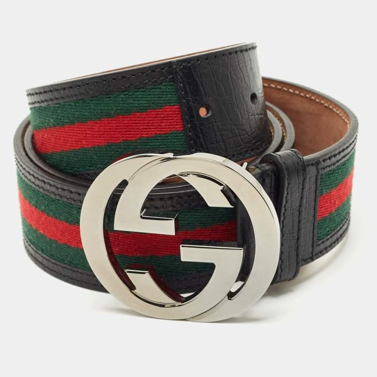 مملوكة مسبقًا Gucci Black Leather and Web Canvas Interlocking G Buckle Belt 105 CM