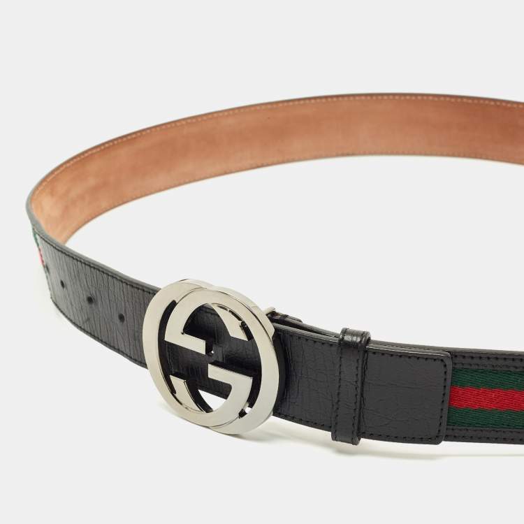 مملوكة مسبقًا Gucci Black Leather and Web Canvas Interlocking G Buckle Belt 105 CM
