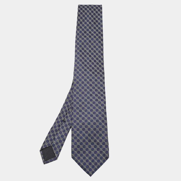 Pre Owned Gucci Navy Blue Jacquard Silk Tie 