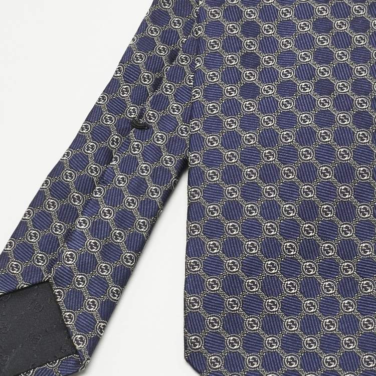 Pre Owned Gucci Navy Blue Jacquard Silk Tie 