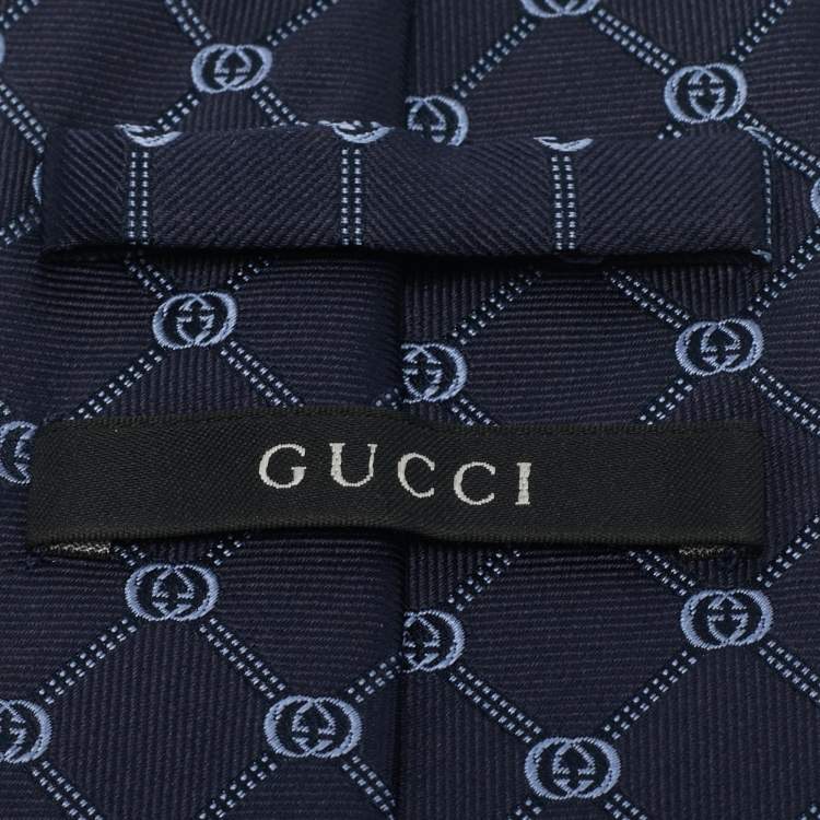 Pre Owned Gucci Navy Blue GG Interlock Pattern Silk Tie