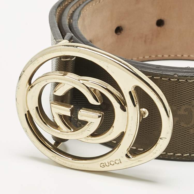 Pre Owned Gucci Olive Green GG Imprime Canvas Interlocking G Buckle Belt 95CM